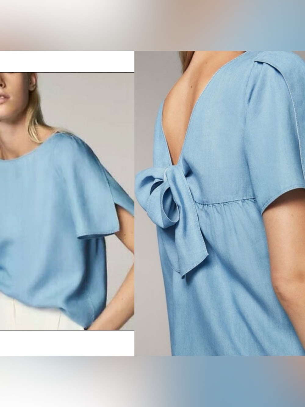 Massimo Dutti Sky Blue Back-Tie Flutter Sleeve Blouse